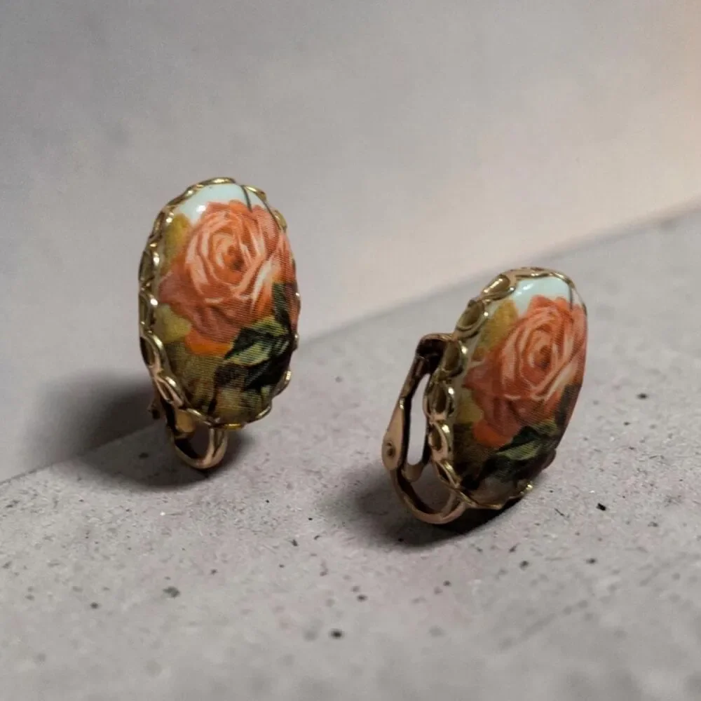 Vintage Pink Rose Floral Oval Clip On Earrings, Cottagecore, Victorian Jewelry